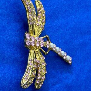Vintage Pink Crystal Aurora Borealis Dragonfly Brooch